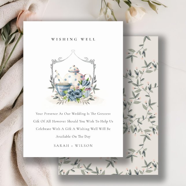 Aqua Blue floral Teapot Cup Wedding Wishing Well Enclosure Card (Creator Uploaded)
