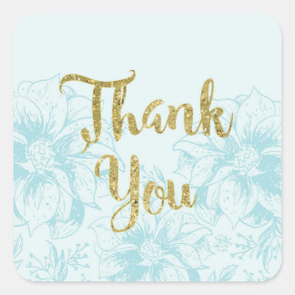 Aqua Blue Flower and Gold Glitter Thank You Square Sticker