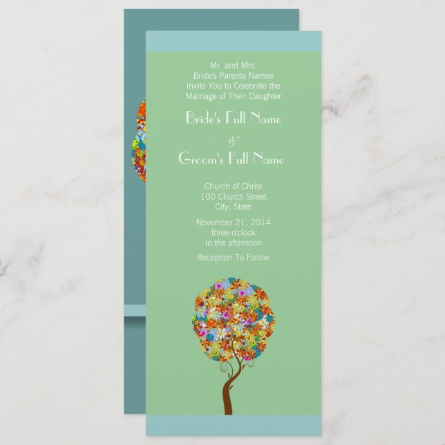 Aqua Blue Flower Love Tree Wedding Invitation (Front/Back)