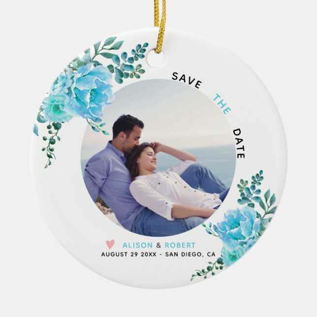 Aqua blue flowers wedding Save the Date photo Ceramic Ornament (Front)