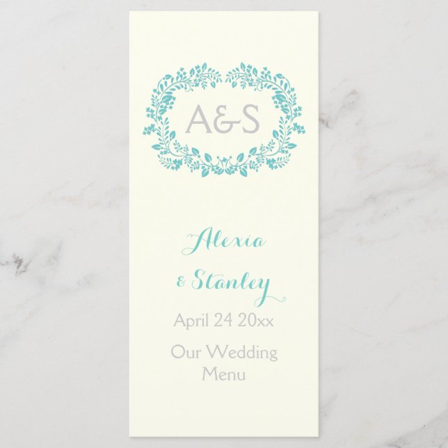 Aqua blue foliage frame wedding menu card (Front)