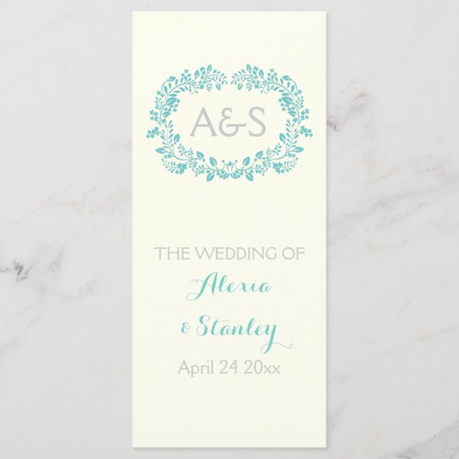 Aqua blue foliage frame wedding program (Front)