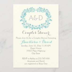 Aqua blue foliage initials wedding couples shower invitation