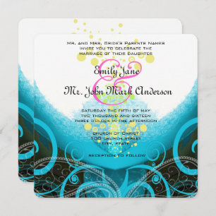 Aqua Blue Fuchsia Calla Lily Flower Wedding Invitation