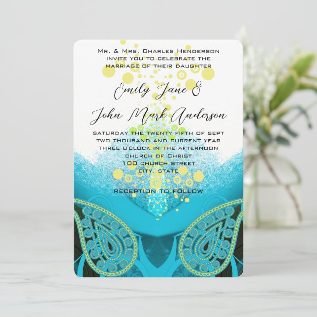 Aqua Blue Fuchsia, Lime Paisley Calla Lily Invitation (Standing Front)