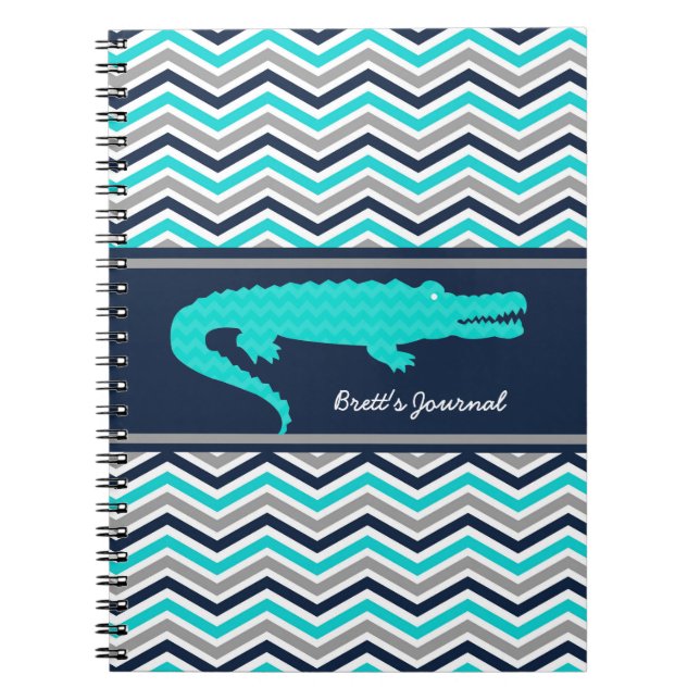 Aqua Blue Gator on Chevron Personalised Notebook (Front)