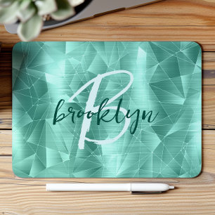 Aqua Blue Geometric Brushed Metal Script Monogram Mouse Pad
