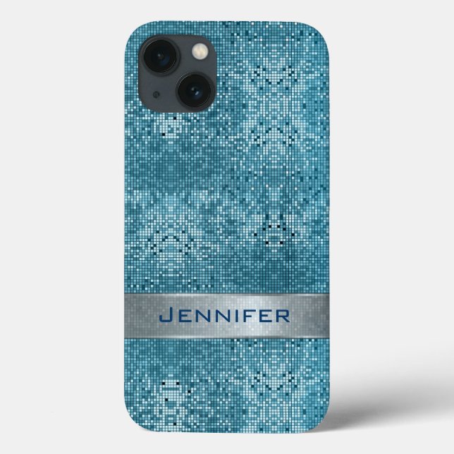 Aqua Blue Geometric Glitter Pattern Monogram Case-Mate iPhone Case (Back)
