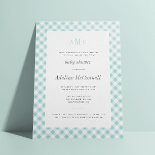 Aqua Blue Gingham Traditional Baby Shower Invitation
