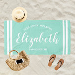 Aqua Blue Girls Weekend Personalised Name Beach Towel<br><div class="desc">Personalised beach towel design for a girls' weekend vacation getaway features a custom first name in modern script writing framed by coastal stripes,  with custom text for the occasion. The aqua blue background colour can be modified. Please visit our shop for other colour options.</div>