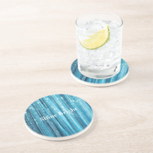Aqua Blue Glam Tinsel Stripes Coaster