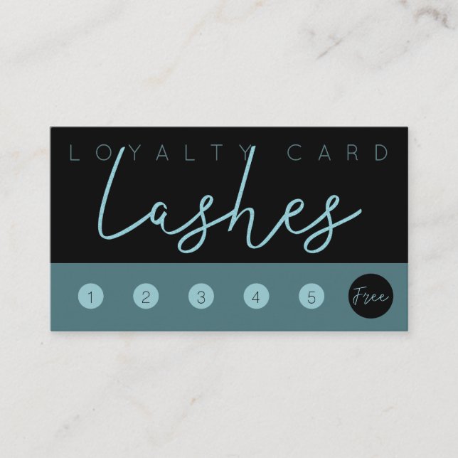 Aqua blue glitter black lashes typography loyalty business card (Front)