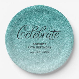 Aqua Blue Glitter Celebrate Personalised Paper Plate