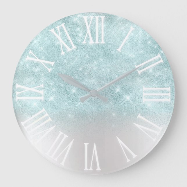 Aqua Blue Glitter effect White Spark Girly Gift Large Clock (Front)