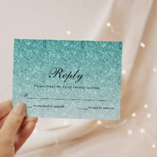 Aqua Blue Glitter Glam Personalised Reply Card