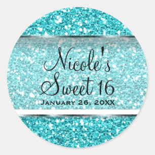 Aqua Blue Glitter Glam Sweet 16 Custom Party Favou Classic Round Sticker