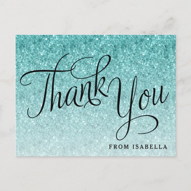 Aqua Blue Glitter Personalised Thank you Postcard (Front)