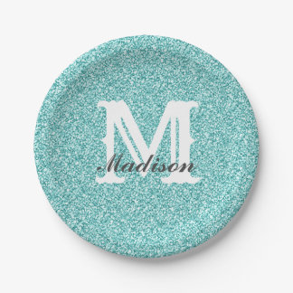 Aqua Blue Glitter & Sparkle Monogram Paper Plate