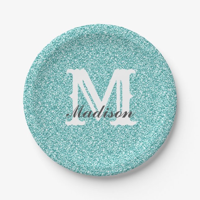 Aqua Blue Glitter & Sparkle Monogram Paper Plate (Front)