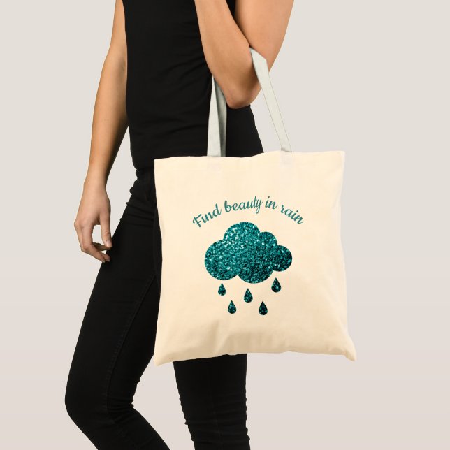 Aqua Blue glitter sparkles Rain Cloud quote Tote Bag (Front (Product))