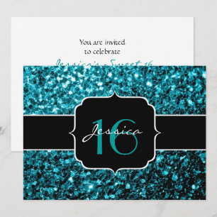 Aqua blue glitter sparkles Sweet 16 Invitation