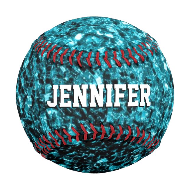 Aqua blue glitter sparkles Your name Team Baseball (Back)