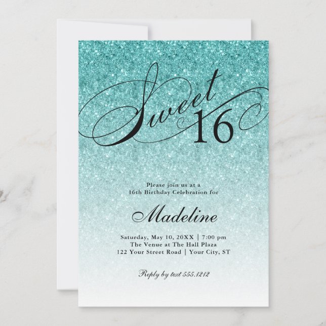 Aqua Blue Glitter Sweet 16 Fancy Script Invitation (Front)
