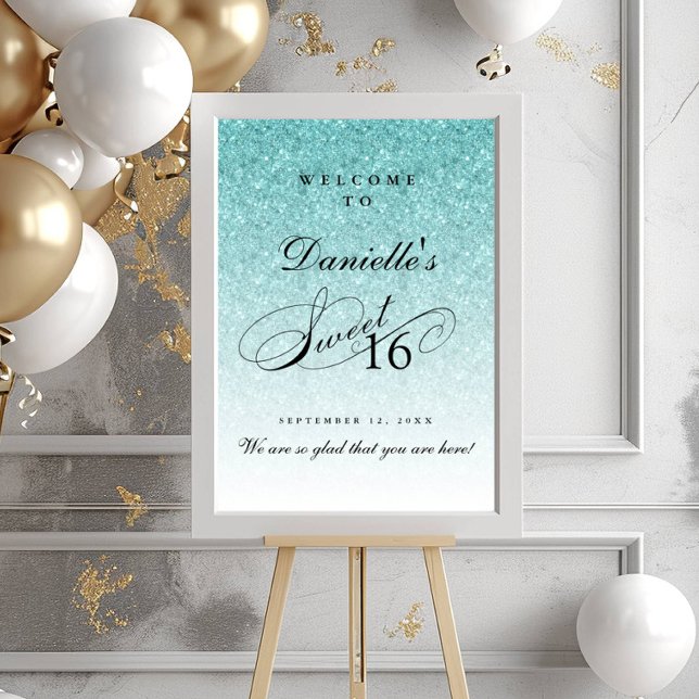 Aqua Blue Glitter Sweet 16 Personalised Welcome Poster (Creator Uploaded)