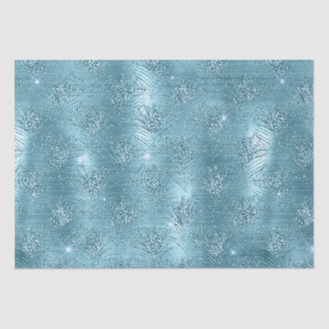 Aqua Blue Glitzy Glitter Peacock Feathers Tissue Paper (Front)