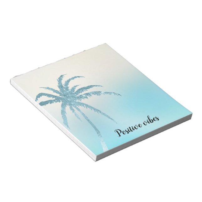 Aqua Blue Glitzy Sparkle Tropical Palm Tree Notepad (Angled)