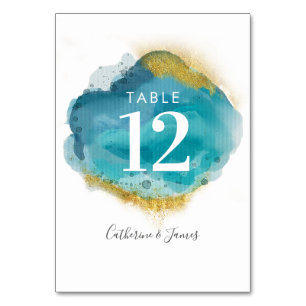 Aqua Blue & Gold Beach Wedding table cards