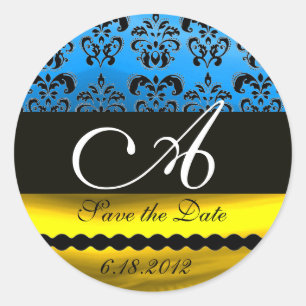 AQUA BLUE GOLD BLACK WHITE  DAMASK MONOGRAM CLASSIC ROUND STICKER