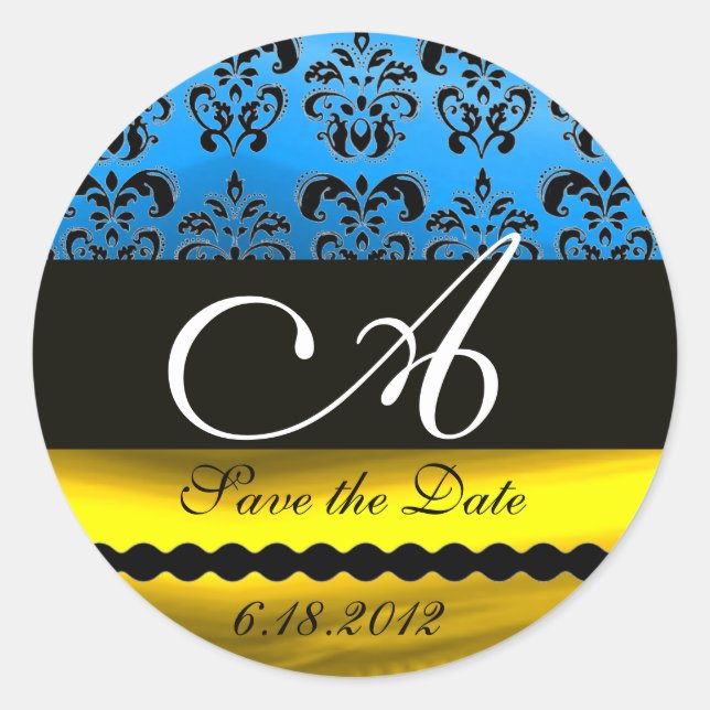 AQUA BLUE GOLD BLACK WHITE  DAMASK MONOGRAM CLASSIC ROUND STICKER (Front)
