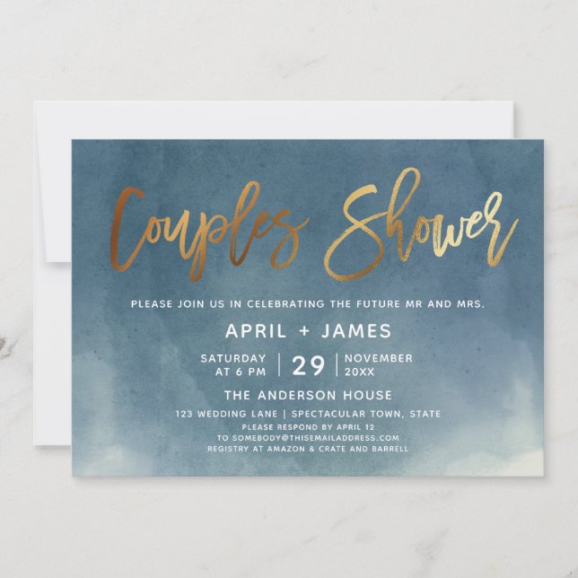 Aqua Blue Gold Brush Typography Couples Shower  Invitation (Front)