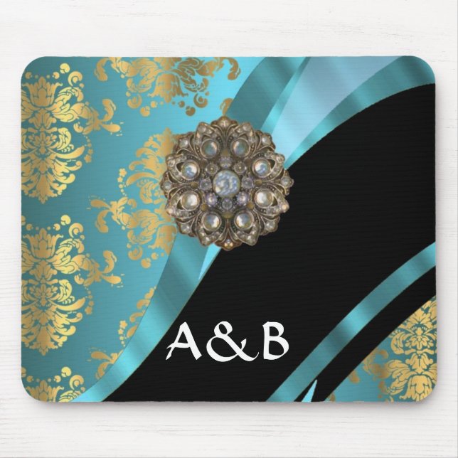 Aqua blue & gold damask faux crystal mouse pad (Front)