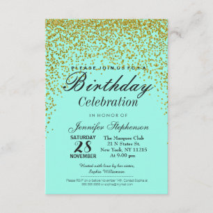 Aqua Blue Gold Glitter Confetti Birthday Party Invitation