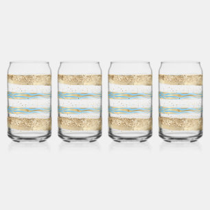 Aqua Blue Gold Glitter Confetti Zebra Animal  Can Glass