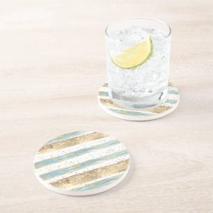 Aqua Blue Gold Glitter Confetti Zebra Animal Coaster