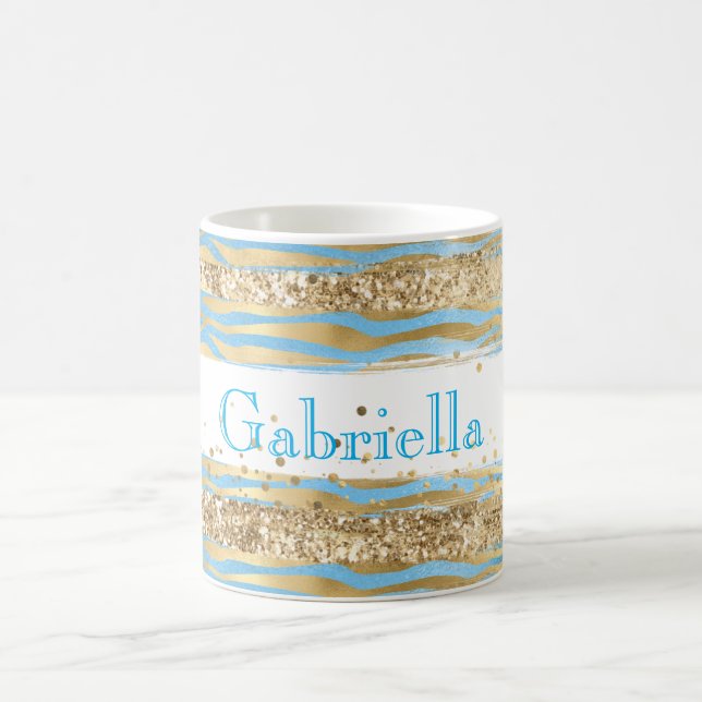 Aqua Blue Gold Glitter Confetti Zebra Animal  Coffee Mug (Center)