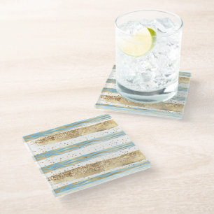 Aqua Blue Gold Glitter Confetti Zebra Animal Glass Coaster