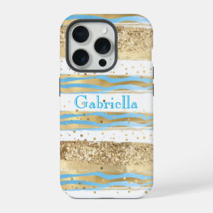 Aqua Blue Gold Glitter Confetti Zebra Animal iPhone 15 Pro Case