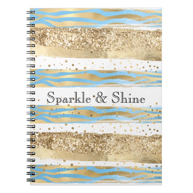 Aqua Blue Gold Glitter Confetti Zebra Animal  Notebook (Front)