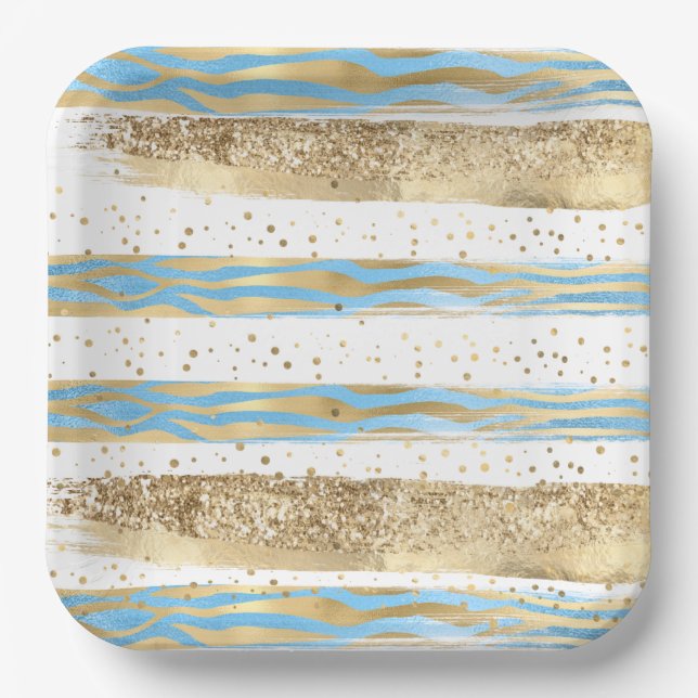 Aqua Blue Gold Glitter Confetti Zebra Animal  Paper Plate (Front)
