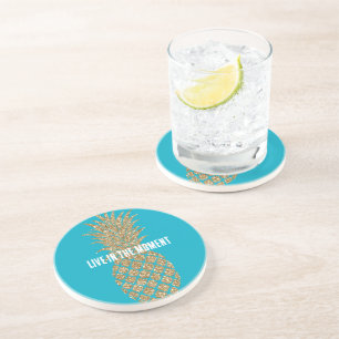 Aqua Blue Gold Glitter Tropical Pineapple Coaster