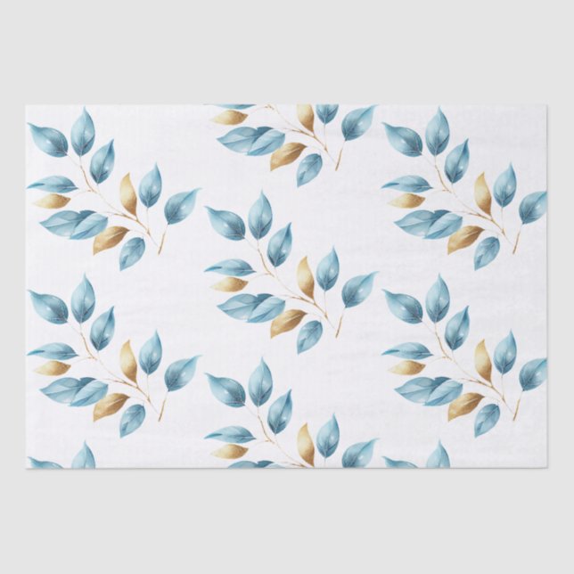 Aqua Blue Gold Leaves Tissue Paper (Front)
