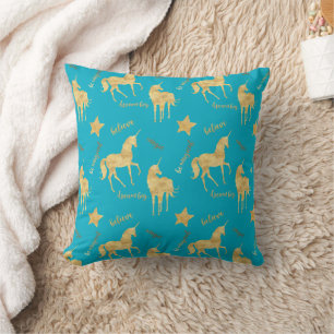 Aqua Blue Gold Magical Unicorn   Cushion