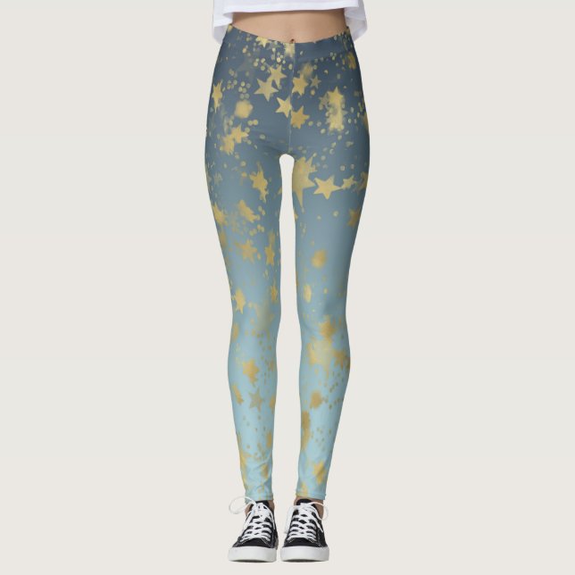 Aqua Blue Gold Ombre Stars Leggings (Front)