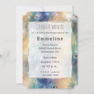 Aqua Blue Gold Peacock Feathers 50th Birthday Invitation