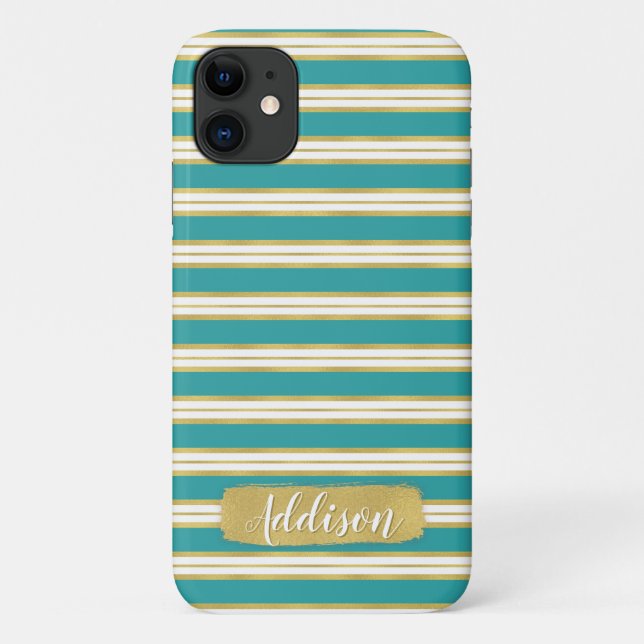 Aqua Blue Gold Stripe Pattern Custom Name Case-Mate iPhone Case (Back)