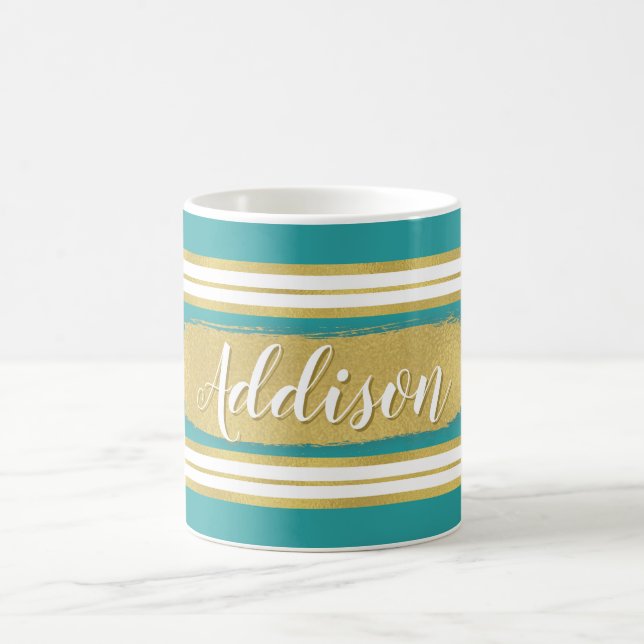 Aqua Blue Gold Stripe Pattern Custom Name Coffee Mug (Center)